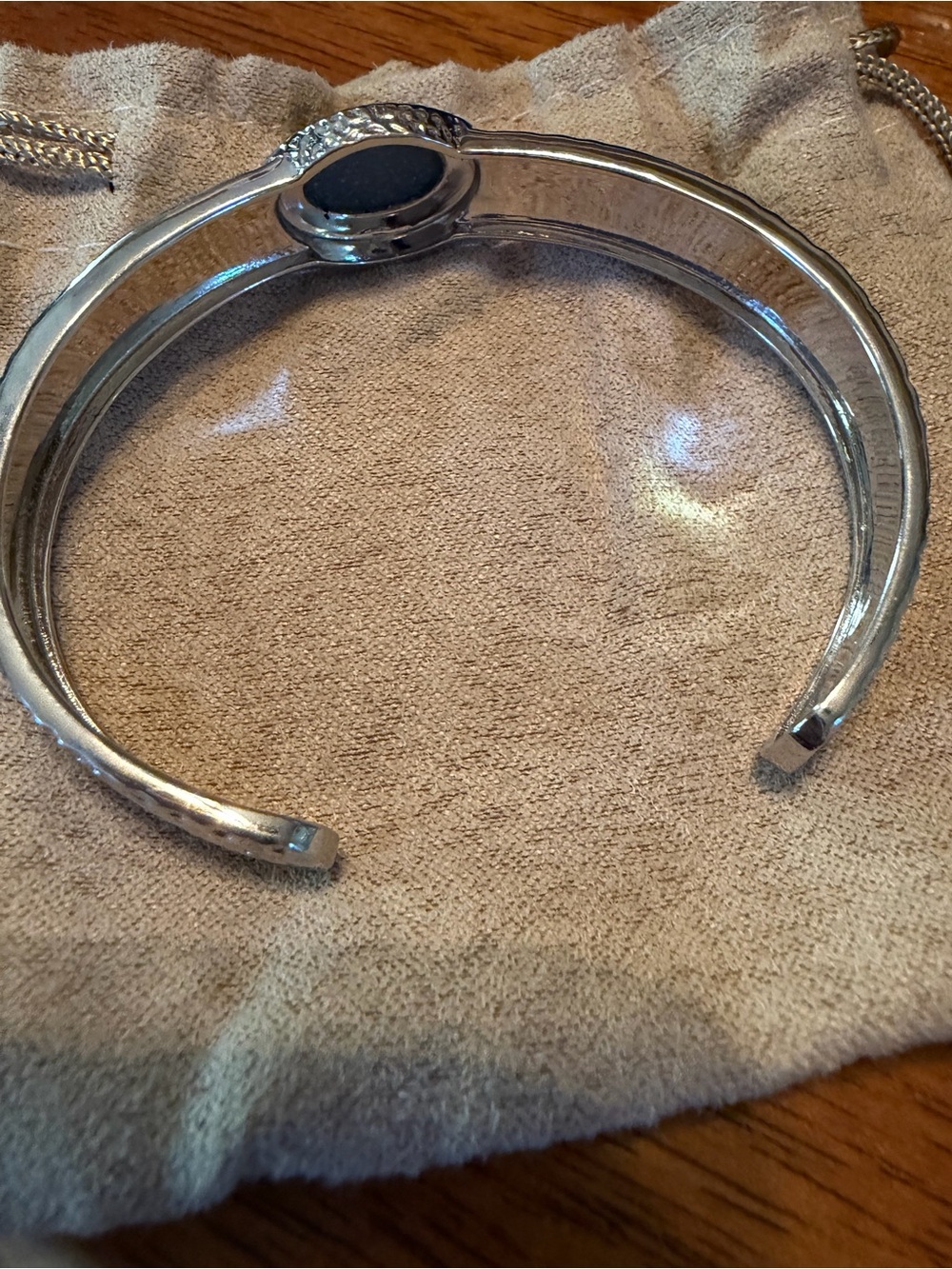 Silver Textured Silver Cuff Bracelet with Blue Druzy Accent 925 - Picture 4 of 5